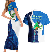 Nicaragua Guardabarranco Bird Couples Matching Short Sleeve Bodycon Dress and Hawaiian Shirt with Volcano Map and National Emblem Design - Wonder Print Shop