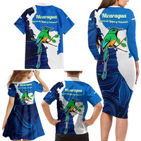 Nicaragua Guardabarranco Bird Family Matching Long Sleeve Bodycon Dress and Hawaiian Shirt with Volcano Map and National Emblem Design - Wonder Print Shop