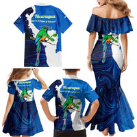 Nicaragua Guardabarranco Bird Family Matching Mermaid Dress and Hawaiian Shirt with Volcano Map and National Emblem Design - Wonder Print Shop