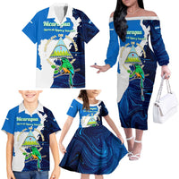 Nicaragua Guardabarranco Bird Family Matching Off The Shoulder Long Sleeve Dress and Hawaiian Shirt with Volcano Map and National Emblem Design - Wonder Print Shop