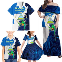 Nicaragua Guardabarranco Bird Family Matching Off Shoulder Maxi Dress and Hawaiian Shirt with Volcano Map and National Emblem Design - Wonder Print Shop