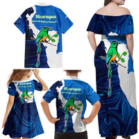 Nicaragua Guardabarranco Bird Family Matching Off Shoulder Maxi Dress and Hawaiian Shirt with Volcano Map and National Emblem Design - Wonder Print Shop