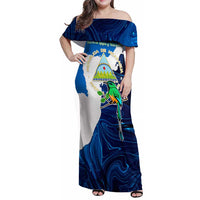 Nicaragua Guardabarranco Bird Family Matching Off Shoulder Maxi Dress and Hawaiian Shirt with Volcano Map and National Emblem Design - Wonder Print Shop