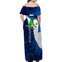 Nicaragua Guardabarranco Bird Family Matching Off Shoulder Maxi Dress and Hawaiian Shirt with Volcano Map and National Emblem Design - Wonder Print Shop
