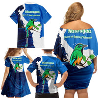 Nicaragua Guardabarranco Bird Family Matching Off Shoulder Short Dress and Hawaiian Shirt with Volcano Map and National Emblem Design - Wonder Print Shop