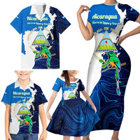 Nicaragua Guardabarranco Bird Family Matching Short Sleeve Bodycon Dress and Hawaiian Shirt with Volcano Map and National Emblem Design - Wonder Print Shop