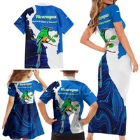 Nicaragua Guardabarranco Bird Family Matching Short Sleeve Bodycon Dress and Hawaiian Shirt with Volcano Map and National Emblem Design - Wonder Print Shop