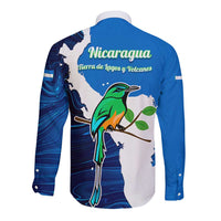 Nicaragua Guardabarranco Bird Long Sleeve Button Shirt with Volcano Map and National Emblem Design - Wonder Print Shop