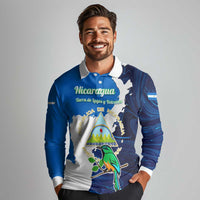 Nicaragua Guardabarranco Bird Long Sleeve Polo Shirt with Volcano Map and National Emblem Design - Wonder Print Shop