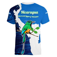 Nicaragua Guardabarranco Bird Women V-Neck T-Shirt with Volcano Map and National Emblem Design - Wonder Print Shop