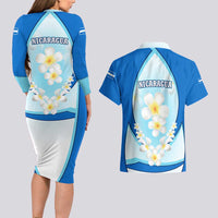Nicaragua National Emblem Couples Matching Long Sleeve Bodycon Dress and Hawaiian Shirt with White Flor de Sacuanjoche and Blue Gradient Design - Wonder Print Shop