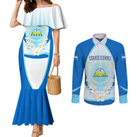 Nicaragua National Emblem Couples Matching Mermaid Dress and Long Sleeve Button Shirt with White Flor de Sacuanjoche and Blue Gradient Design - Wonder Print Shop