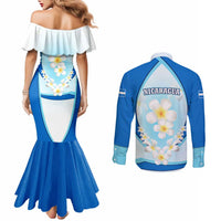 Nicaragua National Emblem Couples Matching Mermaid Dress and Long Sleeve Button Shirt with White Flor de Sacuanjoche and Blue Gradient Design - Wonder Print Shop