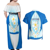 Nicaragua National Emblem Couples Matching Off Shoulder Maxi Dress and Hawaiian Shirt with White Flor de Sacuanjoche and Blue Gradient Design - Wonder Print Shop