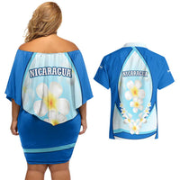 Nicaragua National Emblem Couples Matching Off Shoulder Short Dress and Hawaiian Shirt with White Flor de Sacuanjoche and Blue Gradient Design - Wonder Print Shop