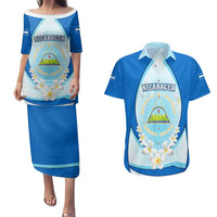 Nicaragua National Emblem Couples Matching Puletasi and Hawaiian Shirt with White Flor de Sacuanjoche and Blue Gradient Design - Wonder Print Shop