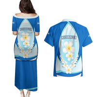 Nicaragua National Emblem Couples Matching Puletasi and Hawaiian Shirt with White Flor de Sacuanjoche and Blue Gradient Design - Wonder Print Shop