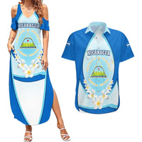 Nicaragua National Emblem Couples Matching Summer Maxi Dress and Hawaiian Shirt with White Flor de Sacuanjoche and Blue Gradient Design - Wonder Print Shop