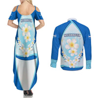 Nicaragua National Emblem Couples Matching Summer Maxi Dress and Long Sleeve Button Shirt with White Flor de Sacuanjoche and Blue Gradient Design - Wonder Print Shop