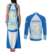 Nicaragua National Emblem Couples Matching Tank Maxi Dress and Long Sleeve Button Shirt with White Flor de Sacuanjoche and Blue Gradient Design - Wonder Print Shop