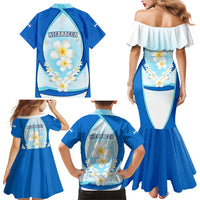 Nicaragua National Emblem Family Matching Mermaid Dress and Hawaiian Shirt with White Flor de Sacuanjoche and Blue Gradient Design - Wonder Print Shop