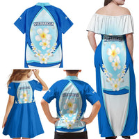 Nicaragua National Emblem Family Matching Off Shoulder Maxi Dress and Hawaiian Shirt with White Flor de Sacuanjoche and Blue Gradient Design - Wonder Print Shop