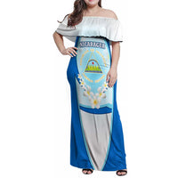 Nicaragua National Emblem Family Matching Off Shoulder Maxi Dress and Hawaiian Shirt with White Flor de Sacuanjoche and Blue Gradient Design - Wonder Print Shop