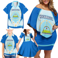 Nicaragua National Emblem Family Matching Off Shoulder Short Dress and Hawaiian Shirt with White Flor de Sacuanjoche and Blue Gradient Design - Wonder Print Shop