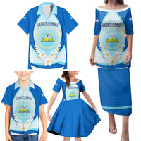 Nicaragua National Emblem Family Matching Puletasi and Hawaiian Shirt with White Flor de Sacuanjoche and Blue Gradient Design - Wonder Print Shop