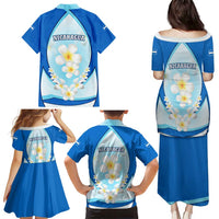 Nicaragua National Emblem Family Matching Puletasi and Hawaiian Shirt with White Flor de Sacuanjoche and Blue Gradient Design - Wonder Print Shop