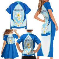 Nicaragua National Emblem Family Matching Short Sleeve Bodycon Dress and Hawaiian Shirt with White Flor de Sacuanjoche and Blue Gradient Design - Wonder Print Shop