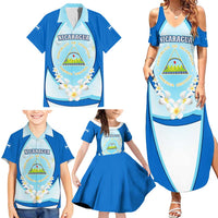 Nicaragua National Emblem Family Matching Summer Maxi Dress and Hawaiian Shirt with White Flor de Sacuanjoche and Blue Gradient Design - Wonder Print Shop
