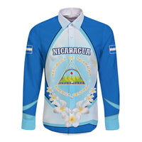Nicaragua National Emblem Long Sleeve Button Shirt with White Flor de Sacuanjoche and Blue Gradient Design - Wonder Print Shop