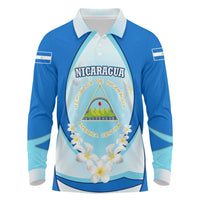 Nicaragua National Emblem Long Sleeve Polo Shirt with White Flor de Sacuanjoche and Blue Gradient Design - Wonder Print Shop