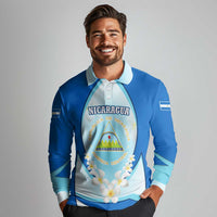 Nicaragua National Emblem Long Sleeve Polo Shirt with White Flor de Sacuanjoche and Blue Gradient Design - Wonder Print Shop