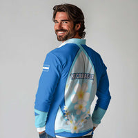 Nicaragua National Emblem Long Sleeve Polo Shirt with White Flor de Sacuanjoche and Blue Gradient Design - Wonder Print Shop