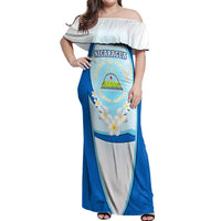 Nicaragua National Emblem Off Shoulder Maxi Dress with White Flor de Sacuanjoche and Blue Gradient Design - Wonder Print Shop