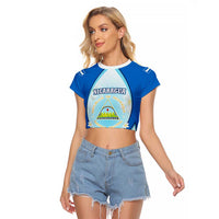 Nicaragua National Emblem Raglan Cropped T Shirt with White Flor de Sacuanjoche and Blue Gradient Design - Wonder Print Shop