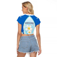 Nicaragua National Emblem Raglan Cropped T Shirt with White Flor de Sacuanjoche and Blue Gradient Design - Wonder Print Shop