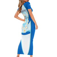 Nicaragua National Emblem Short Sleeve Bodycon Dress with White Flor de Sacuanjoche and Blue Gradient Design - Wonder Print Shop