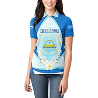 Nicaragua National Emblem Women Polo Shirt with White Flor de Sacuanjoche and Blue Gradient Design - Wonder Print Shop