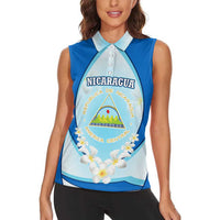 Nicaragua National Emblem Women Sleeveless Polo Shirt with White Flor de Sacuanjoche and Blue Gradient Design - Wonder Print Shop