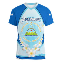 Nicaragua National Emblem Women V-Neck T-Shirt with White Flor de Sacuanjoche and Blue Gradient Design - Wonder Print Shop
