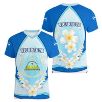 Nicaragua National Emblem Women V-Neck T-Shirt with White Flor de Sacuanjoche and Blue Gradient Design - Wonder Print Shop