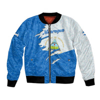 Nicaragua Flag Ripped Effect Bomber Jacket with National Emblem and Floral Pattern Design - Wonder Print Shop