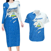 Nicaragua Flag Ripped Effect Couples Matching Long Sleeve Bodycon Dress and Hawaiian Shirt with National Emblem and Floral Pattern Design - Wonder Print Shop