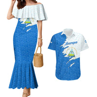 Nicaragua Flag Ripped Effect Couples Matching Mermaid Dress and Hawaiian Shirt with National Emblem and Floral Pattern Design - Wonder Print Shop