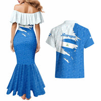 Nicaragua Flag Ripped Effect Couples Matching Mermaid Dress and Hawaiian Shirt with National Emblem and Floral Pattern Design - Wonder Print Shop