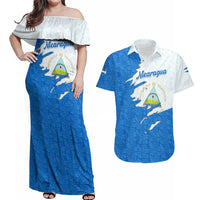 Nicaragua Flag Ripped Effect Couples Matching Off Shoulder Maxi Dress and Hawaiian Shirt with National Emblem and Floral Pattern Design - Wonder Print Shop