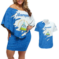 Nicaragua Flag Ripped Effect Couples Matching Off Shoulder Short Dress and Hawaiian Shirt with National Emblem and Floral Pattern Design - Wonder Print Shop